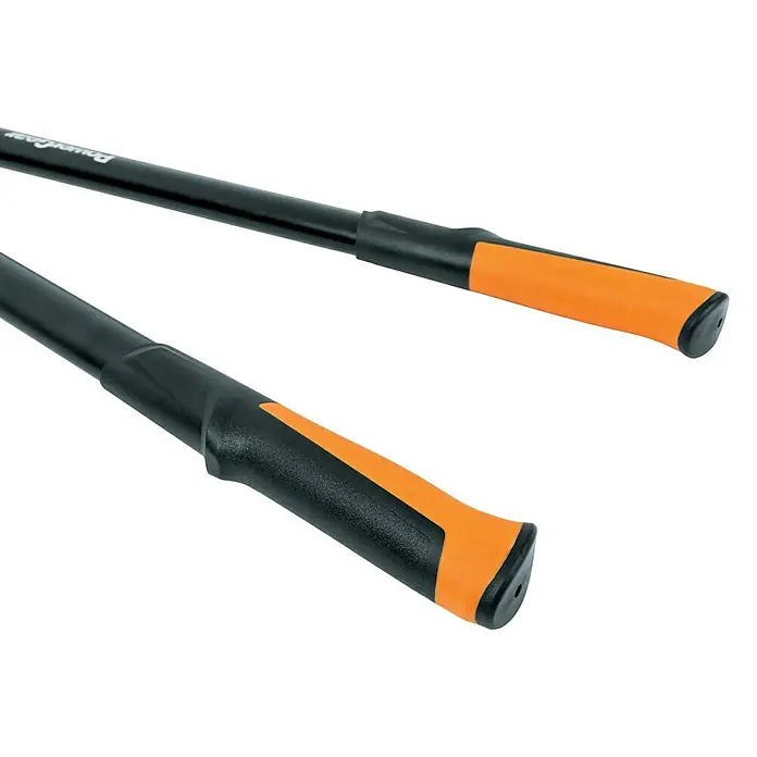 Fiskars PowerGear Bolzenschneider - Länge: 61 cm - Nahaufnahme der Griffe einer Gartenschere mit orangefarbenen Akzenten und ergonomischem Design für komfortablen Halt.