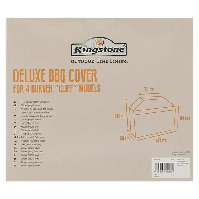 Kingstone Funda protectora para barbacoa Cliff 450 - Específico para: Barbacoa de gas Kingstone Cliff 450 - Funda Deluxe para barbacoa para modelos "Cliff" de 4 quemadores, dimensiones 74x108x84x68x143 cm.