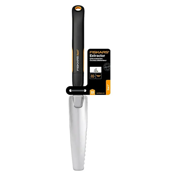Fiskars Xact Hand-Unkrautstecher - 39,6 cm - Ein Fiskars Xact™ Unkrautstecher mit schwarzem Griff und silberner Schutzhülle. Das ideale Werkzeug für jeden Gartenliebhaber.