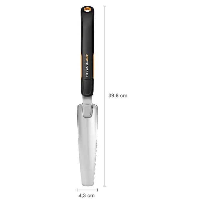 Fiskars Xact Hand-Unkrautstecher - 39,6 cm - Nahaufnahme eines FISKARS Xact™ Pflanzspatens mit ergonomischem Griff und rostfreier Stahlklinge. Ideal für Gartenarbeiten.