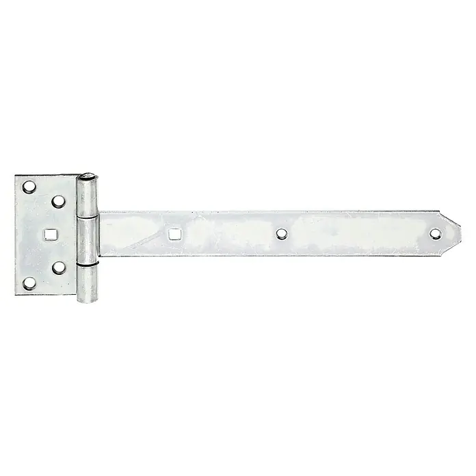 Stabilit Kreuzgehänge - B x L: 105 x 370 mm, Maße Band: 300 x 38 mm - Nahaufnahme eines silberfarbenen T-Bandes, das für Stabilität und Haltbarkeit an Türen und Toren konzipiert ist. Perfekt für den Heimwerker.