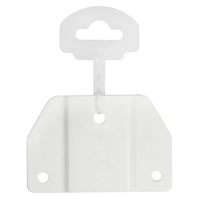Rei Adapterplatte - L x B: 97,5 x 65 mm, Stahl, Passend für: Möbelfüße - Weißer Kunststoff-Display-Aufhänger mit Euroloch, einem mittigen Loch und zwei unteren Löchern.