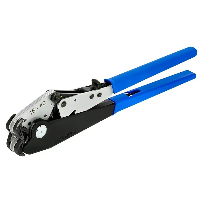 Geberit FlowFit Handpresszange 691.030.00.1 - Passend für: Verbundrohre 16-40 mm - Eine Crimpzange mit blauen Griffen und der Aufschrift "16-40", die für präzise und sichere Kabelverbindungen sorgt.