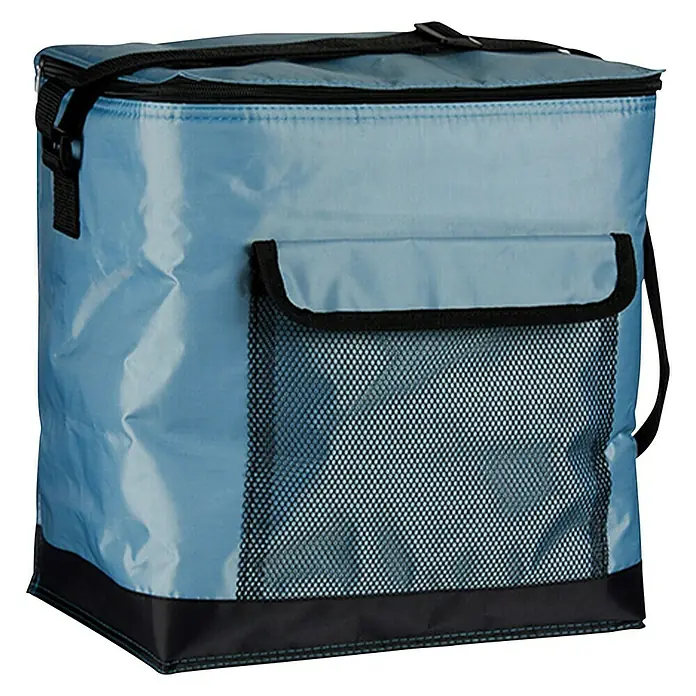 Nevera portátil - Gris/Azul/Beige, 9 l - Bolsa nevera azul claro con base negra y bolsillo lateral de malla, ideal para mantener alimentos y bebidas frías.