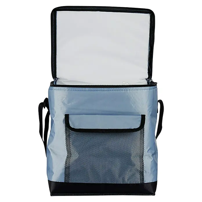 Nevera portátil - Gris/Azul/Beige, 9 l - Bolsa nevera abierta de color azul claro con bolsillo de malla negra y asas de transporte para facilitar el transporte y el enfriamiento de alimentos y bebidas.