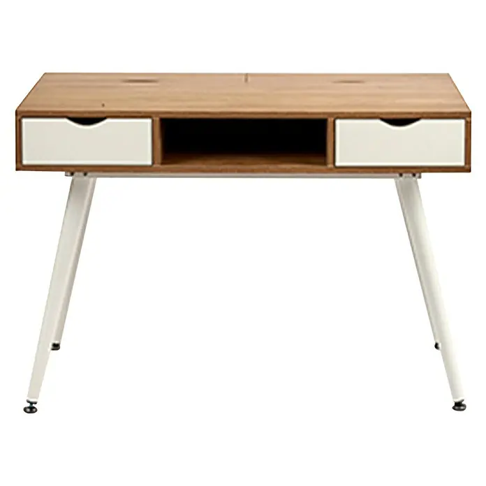 Mesa de escritorio Vintage - Blanco, L x An x Al: 60 x 110 x 74 cm, Número de cajones: 2 ud. - Un escritorio moderno de madera clara con cajones blancos y patas blancas sobre un fondo negro.