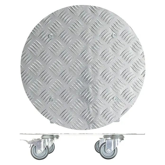 Wagner System Pflanzenroller Alaska - Durchmesser: 38 cm, Aluminium, Silber, Max. Belastung: 100 kg - Abgebildet ist ein runder Transportroller aus Metall mit Rollen. Der Rollwagen hat eine rutschfeste Oberfläche und ist ideal für schwere Lasten.