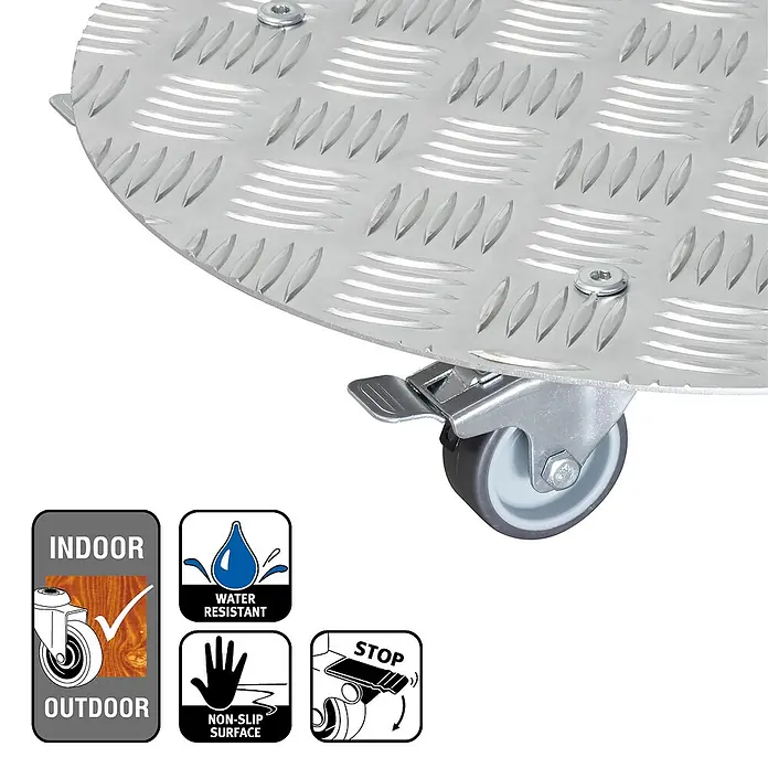 Wagner System Pflanzenroller Alaska - Durchmesser: 38 cm, Aluminium, Silber, Max. Belastung: 100 kg - Produktbild eines robusten Rollbretts mit Anti-Rutsch-Oberfläche, geeignet für Innen- und Außenbereiche, mit feststellbaren Rädern.