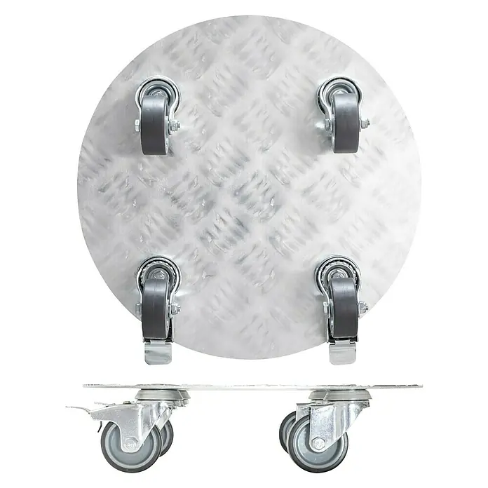 Wagner System Pflanzenroller Alaska - Durchmesser: 30 cm, Aluminium, Silber, Max. Belastung: 100 kg - Die runde Aluminium-Möbelroller-Bilder zeigen die vier Rollen oben und eine Seitenansicht der Räder.