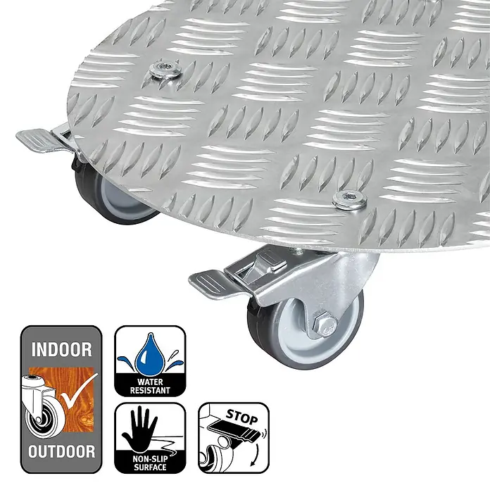 Wagner System Pflanzenroller Alaska - Durchmesser: 30 cm, Aluminium, Silber, Max. Belastung: 100 kg - Produktbild einer runden Transportplattform mit Rollen, geeignet für Innen- und Außenbereiche, mit rutschfester und wasserabweisender Oberfläche.