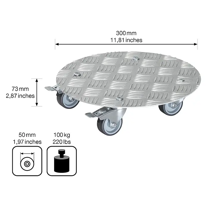 Wagner System Pflanzenroller Alaska - Durchmesser: 30 cm, Aluminium, Silber, Max. Belastung: 100 kg - Produktabbildung einer runden Rollenunterlage aus Metall mit den Maßen 300mm Durchmesser und 73mm Höhe.