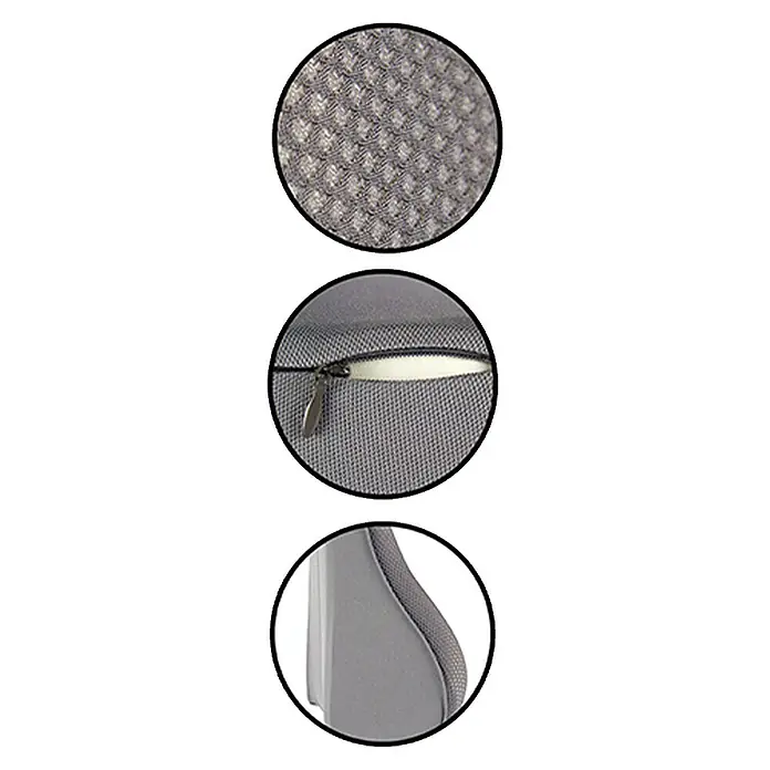 Soporte lumbar - L x An x Al: 14 x 47 x 47 cm, Negro - Primer plano del producto: malla transpirable, cremallera y diseño de la forma del cojín de soporte lumbar ergonómico para una comodidad óptima.
