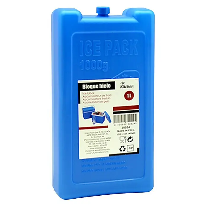 Acumulador de frío - 1.000 ml - Bolsa de hielo azul etiquetada como "Ice Pack 1000g" con detalles del fabricante.