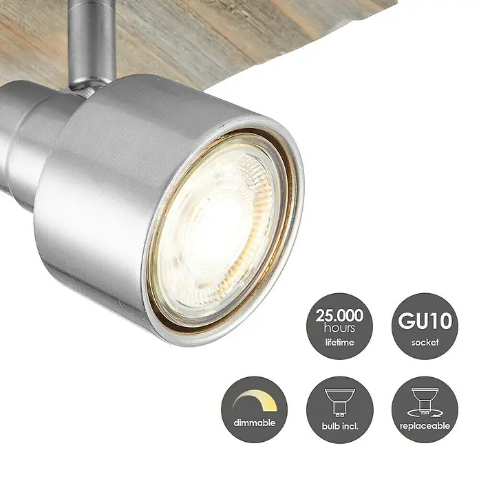 Home Sweet Home LED-Deckenstrahler Drift - 5,8 W, L x B x H: 12 x 12 x 15 cm, Holz/ Silber, Warmweiß, 1 Stk. - Nahaufnahme eines verstellbaren Strahlers mit GU10-Sockel und langlebiger, dimmbarer LED-Lampe in gebürstetem Nickel-Finish.
