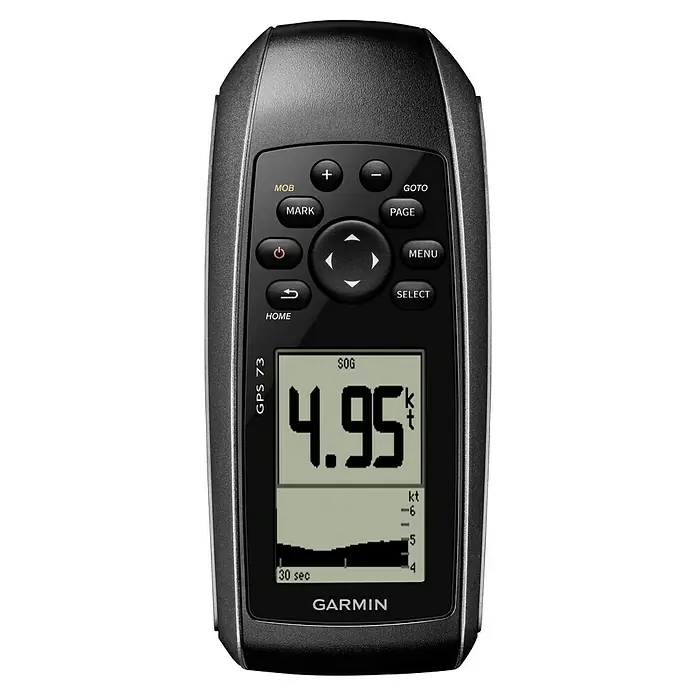 Garmin GPS Handgerät GPS 73 - L x B x H: 6,6 x 3 x 15,2 cm, Ausstattung: NMEA-Ausgang, Anschlüsse: USB - Nahaufnahme eines Garmin GPS 73 Handnavigationsgeräts mit Anzeige von SOG 4.95 Knoten und Bedienelementen.