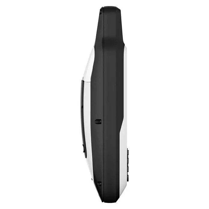 Garmin GPS Handgerät GPS 79S - L x B x H: 6,77 x 4,23 x 17,4 cm, Anschlüsse: USB, Ausstattung: NMEA-Ausgang - Seitenansicht eines GPS-Geräts mit einer robusten schwarzen und weißen Gehäusekonstruktion für den Einsatz im Freien.
