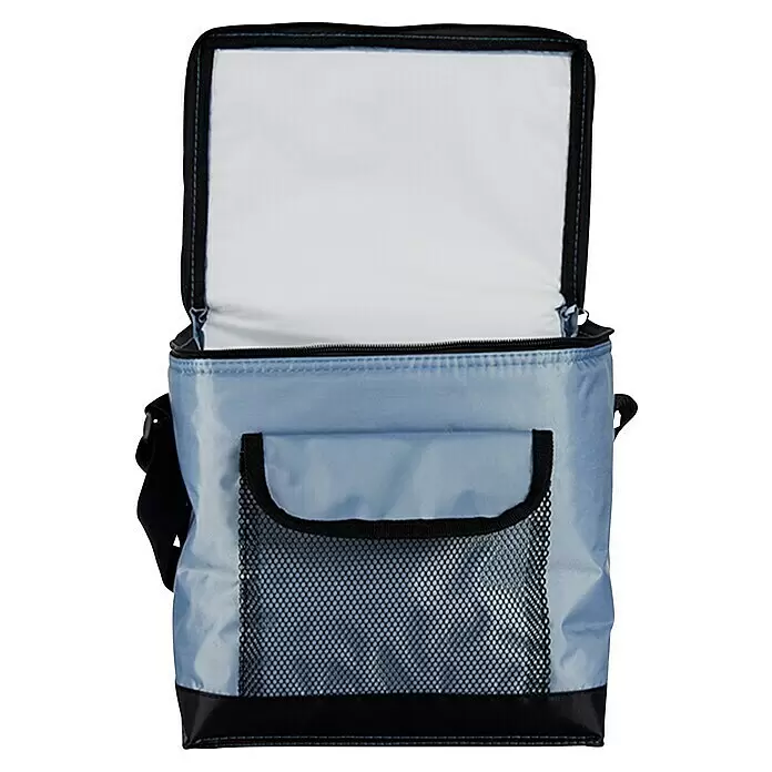 Nevera portátil - Gris/Azul/Beige, 9 l - Bolsa nevera azul claro abierta con bordes negros y bolsillo de malla.