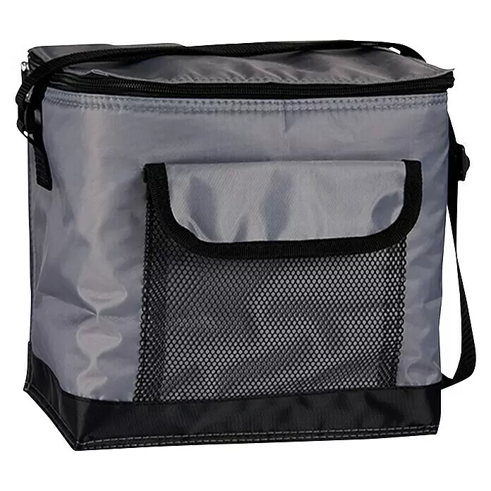 Nevera portátil - Gris/Azul/Beige, 9 l - Nevera portátil gris y negra con bolsillo frontal de malla y correa para el hombro.