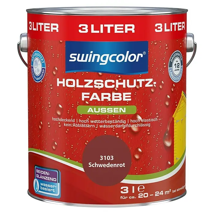 swingcolor Holzschutzfarbe - Schwedenrot, 3 l, Seidenglänzend - Dose Holzschutzfarbe „Schwedenrot“ von Swingcolor. Die Farbe ist wasserbasiert, seidenmatt und für den Außenbereich geeignet.