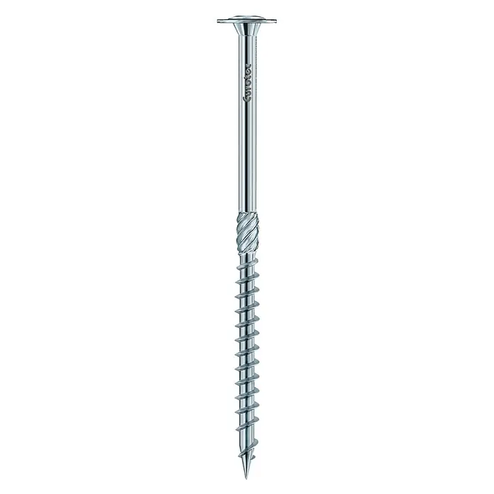 Tellerkopfschraube Paneltwistec AG - Ø x L: 6 x 120 mm, TX für TORX-Antriebe, 100 Stk. - Das Bild zeigt eine lange Eurotec Schraube mit einem flachen Kopf, einem glatten Schaft und einem Schraubgewinde. Die Schraube ist silbern und scheint aus Metall zu sein.