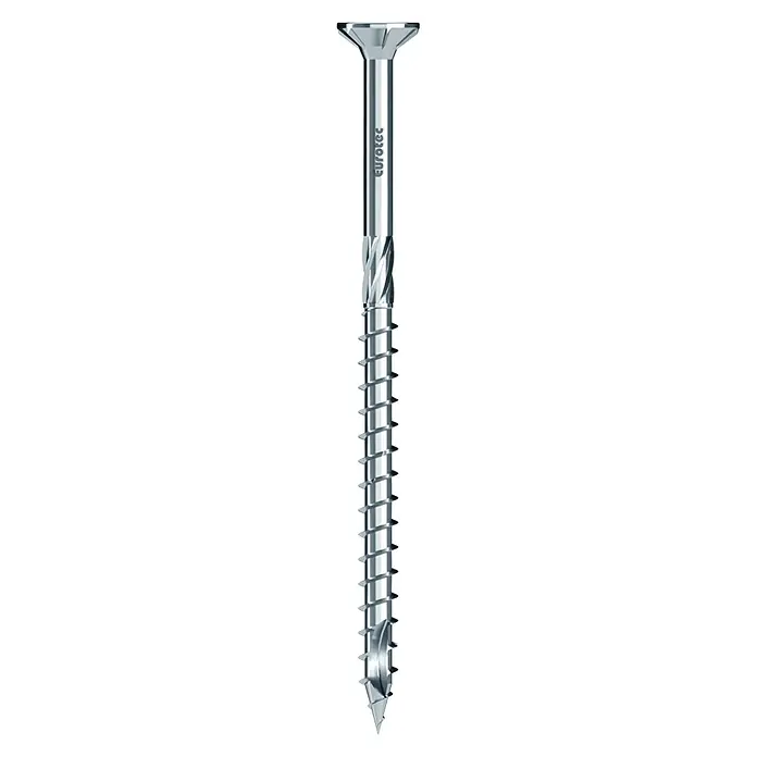 Eurotec Senkkopfschraube Paneltwistec - Ø x L: 5 x 100 mm, Gehärteter Edelstahl rostfrei, 100 Stk., Teilgewinde - Nahaufnahme einer Eurotec-Schraube mit speziellem Gewinde und Bohrspitze auf schwarzem Hintergrund.