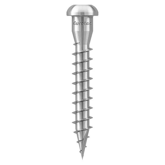 Eurotec Winkelbeschlagsschraube - Ø x L: 5 x 35 mm, TX für TORX-Antriebe, 250 Stk. - Nahaufnahme einer silbrig glänzenden Eurotec Schraube mit scharfem Gewinde vor schwarzem Hintergrund. Ideal für präzise und sichere Befestigungen.