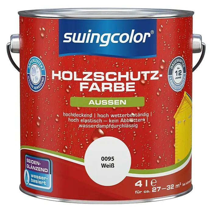 swingcolor HolzschutzfarbeWeiß, 4 l, Seidenglänzend, Wasserbasiert - Abbildung einer Dose Swingcolor Holzschutzfarbe, Farbe Weiß, mit Wetterschutz und einer Haltbarkeit von bis zu 12 Jahren.