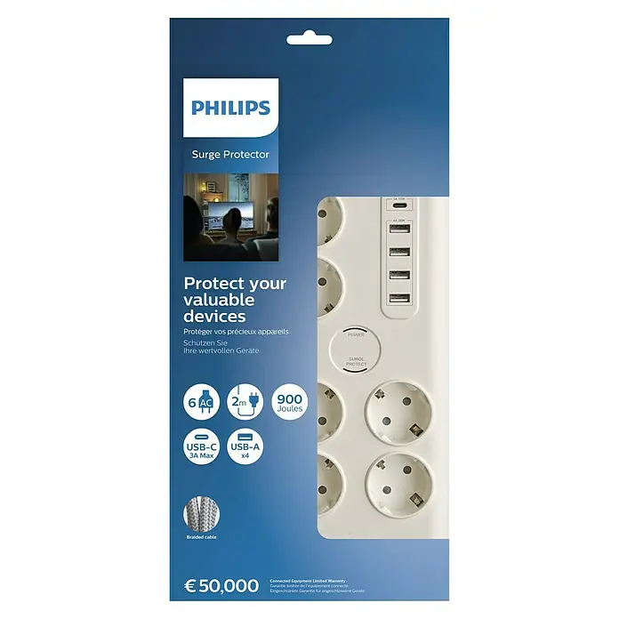 Philips Base de enchufe múltiple Basis con USB - x 6, Blanco, Longitud del cable: 2 m, Con interruptor - Embalaje del protector contra sobretensiones de Philips con 6 enchufes de CA, puertos USB-A y USB-C, protección contra sobretensiones de 900 julios y cable trenzado.