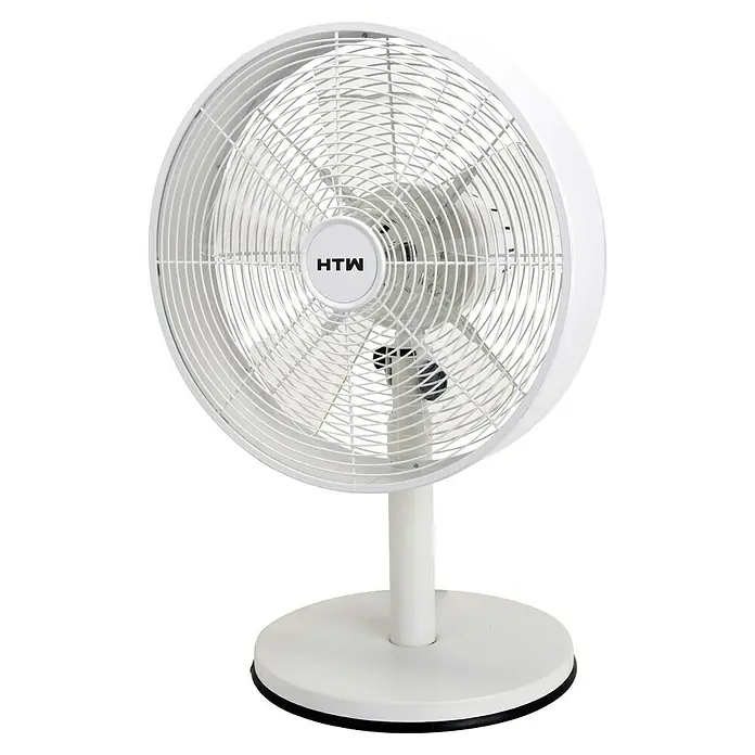 HTW Ventilador de sobremesa TAF1235 - Blanco, 35 cm - Vista detallada de un ventilador de pie HTW blanco, perfecto para mejorar la circulación del aire y refrescar cualquier estancia.