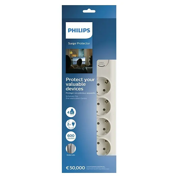 Philips Base de enchufe múltiple Basis - x 4, Blanco, Longitud del cable: 2 m, Con interruptor - Paquete de un protector contra sobretensiones de Philips con 4 enchufes, cable de 2 m, 600 julios y cable trenzado para dispositivos valiosos.