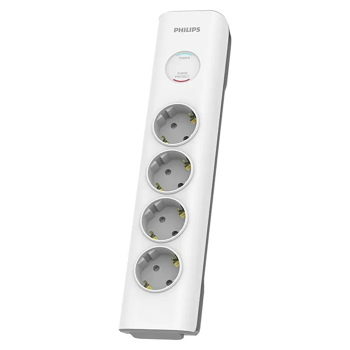 Philips Base de enchufe múltiple Basis - x 4, Blanco, Longitud del cable: 2 m, Con interruptor - Imagen de una regleta blanca de Philips con cuatro enchufes y protección contra sobretensiones, sobre un fondo negro.