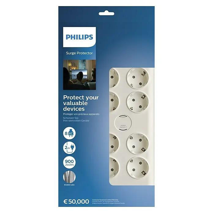 Philips Base de enchufe múltiple Basis - x 8, Blanco, Longitud del cable: 2 m, Con interruptor - Regleta de protección contra sobretensiones Philips con 8 salidas AC, cable de 2 m y 900 julios.