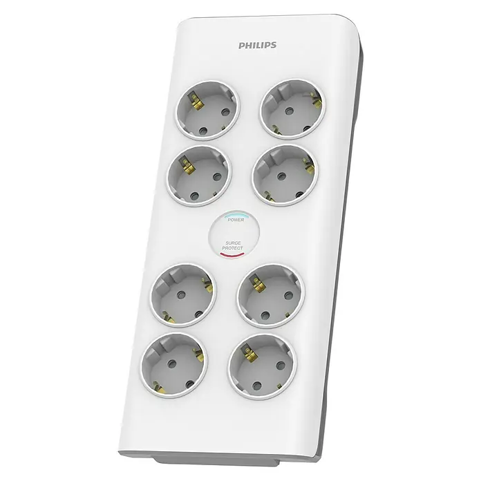 Philips Base de enchufe múltiple Basis - x 8, Blanco, Longitud del cable: 2 m, Con interruptor - La regleta Philips con protección contra sobretensiones tiene ocho enchufes, ofreciendo amplio espacio y seguridad para tus dispositivos.