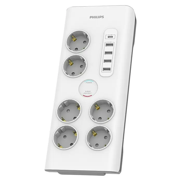 Philips Base de enchufe múltiple Basis con USB - x 6, Blanco, Longitud del cable: 2 m, Con interruptor - Regleta Philips con 6 enchufes y puertos USB, que proporciona energía segura para dispositivos electrónicos.