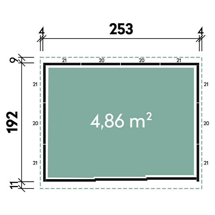 Wolff Finnhaus Metallgerätehaus-Komplettset Nagoya1,92 x 2,53 x 2,11 m, Grau, 2 Regaleinsätze (4 Böden) Sketch