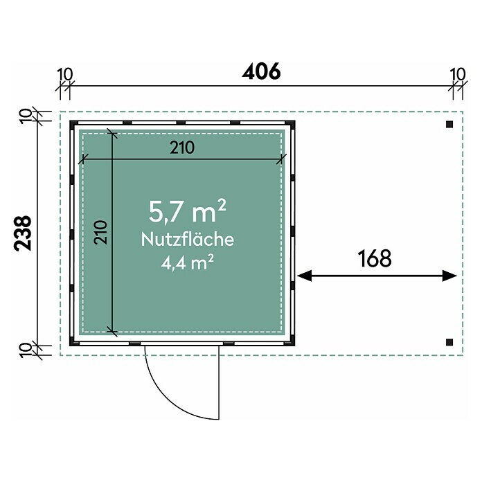 Wolff Finnhaus Gerätehaus Eleganto 2424Außenbreite inkl. Dachüberstand: 426 cm, Außentiefe inkl. Dachüberstand: 259 cm, Metall, Weiß, Mit rechtsseitigem Seitendach Sketch