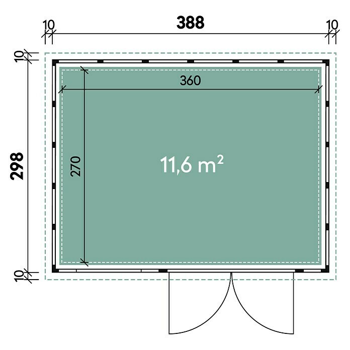 Wolff Finnhaus Gerätehaus Eleganto 3930Außenbreite inkl. Dachüberstand: 408 cm, Außentiefe inkl. Dachüberstand: 318 cm, Metall, Lichtgrau Sketch