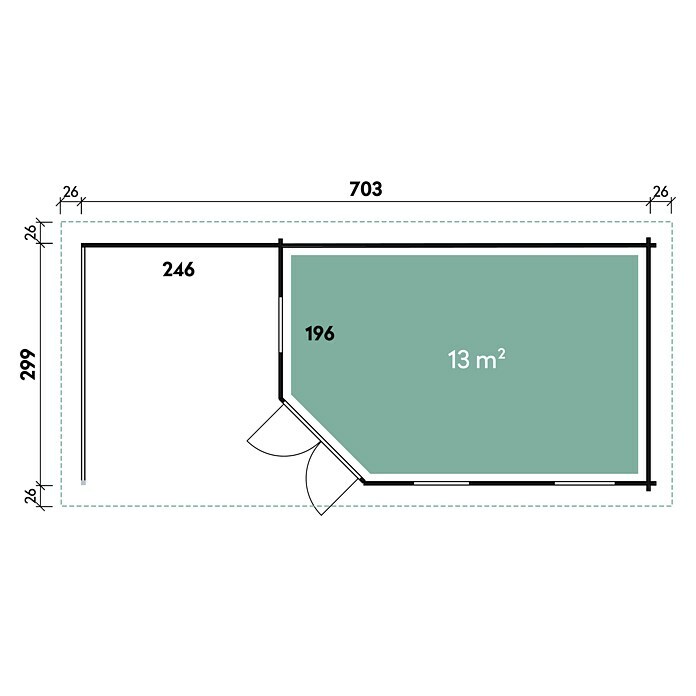 Wolff Finnhaus Gartenhaus Anna 40-A/1B x T: 753 x 349 cm, Holz, 21 m², Wandstärke: 40 mm, Mit rechtsseitiger Terrasse Sketch