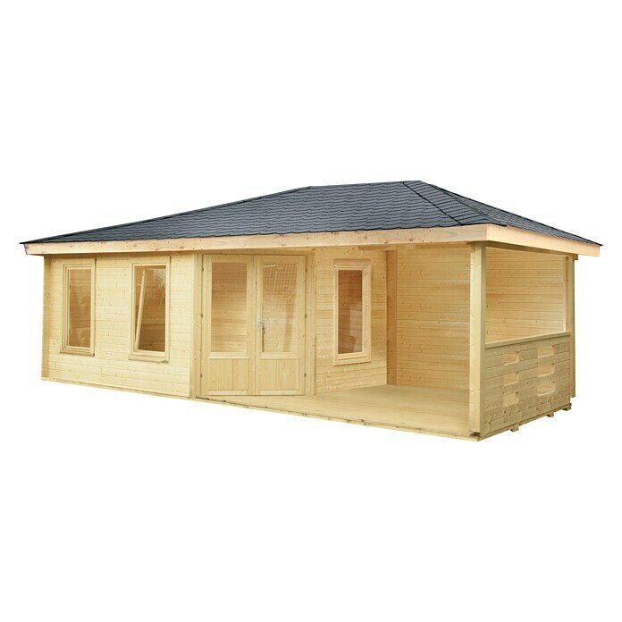 Wolff Finnhaus Gartenhaus Anna 40-A/1B x T: 753 x 349 cm, Holz, 21 m², Wandstärke: 40 mm, Mit rechtsseitiger Terrasse Diagonal View