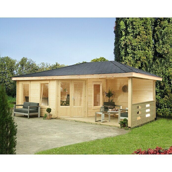 Wolff Finnhaus Gartenhaus Anna 40-A/1B x T: 753 x 349 cm, Holz, 21 m², Wandstärke: 40 mm, Mit rechtsseitiger Terrasse Mood Shot