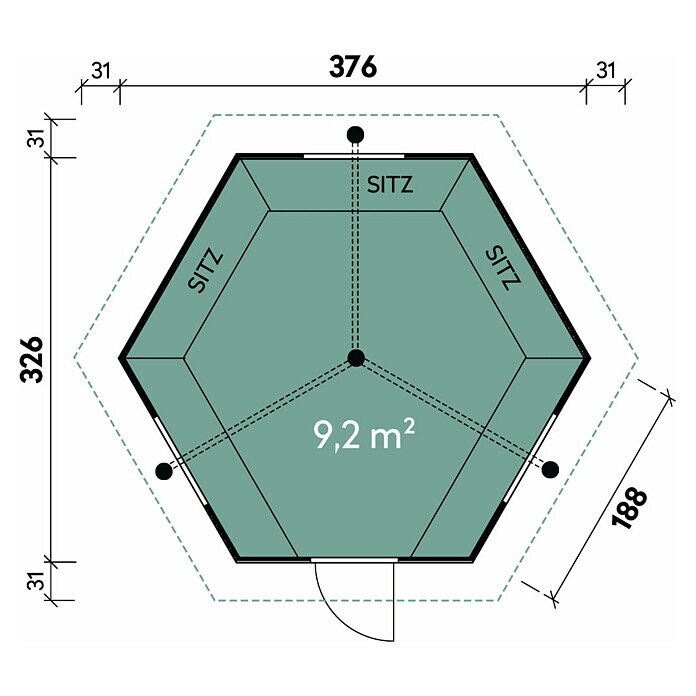 Wolff Finnhaus Grillkota 9 de Luxe A438 x 388 cm, Wandstärke: 45 mm, Natur, Farbe Dach: Rot Sketch