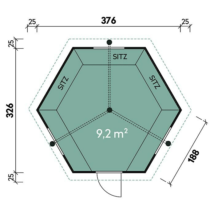 Wolff Finnhaus Grillkota Basic 9 DS3,93 x 4,54 m, Wandstärke: 45 mm, Natur Sketch