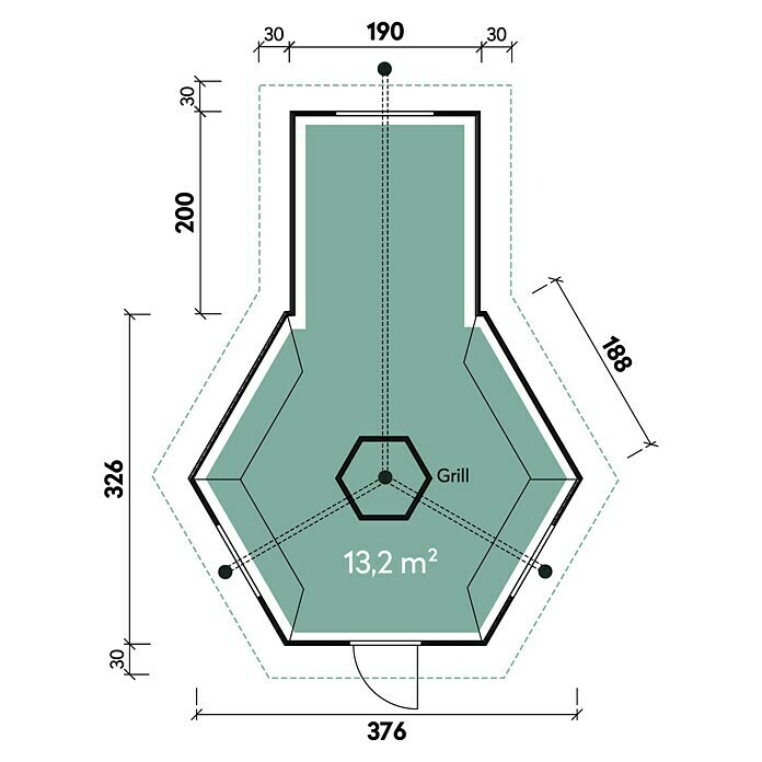 Wolff Finnhaus Grillkota 9 De Luxe DS5,54 x 4,43 m, Wandstärke: 45 mm, Natur, Mit Anbau Sketch