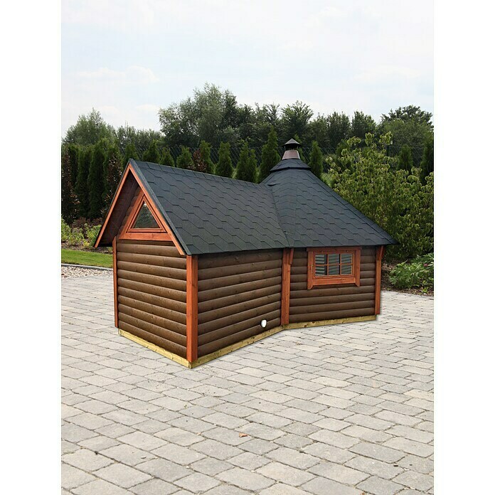 Wolff Finnhaus Grillkota 9 De Luxe DS5,54 x 4,43 m, Wandstärke: 45 mm, Natur, Mit Anbau Mood Shot