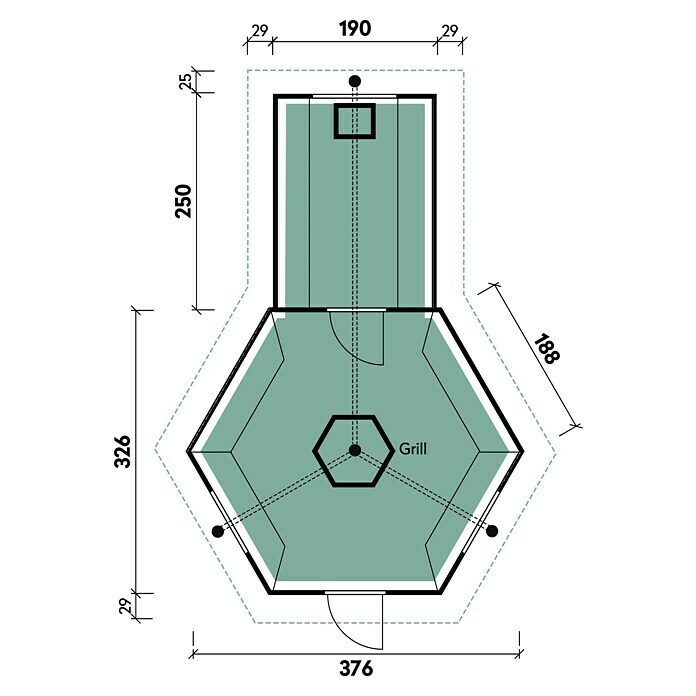 Wolff Finnhaus Grillkota 9 De Luxe5,76 x 4,34 m, Wandstärke: 45 mm, Farbe Dach: Rot, Mit Saunaanbau Sketch