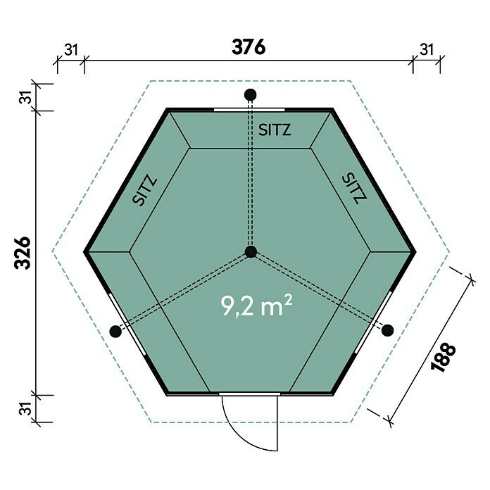 Wolff Finnhaus Grillkota 9 De Luxe4,26 x 3,76 m, Wandstärke: 45 mm, Farbe Dach: Schwarz, Lapplandpaket Sketch