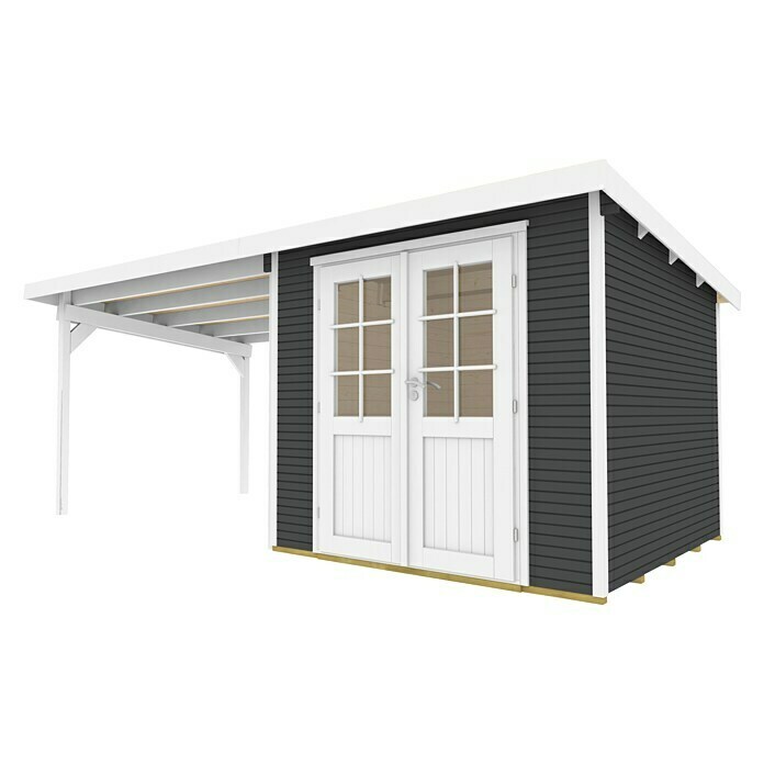 Wolff Finnhaus Gartenhaus Pulti Softline 3024 (Außenmaß inkl. Dachüberstand (B x T): 615 x 286 cm, Holz, Anthrazit)