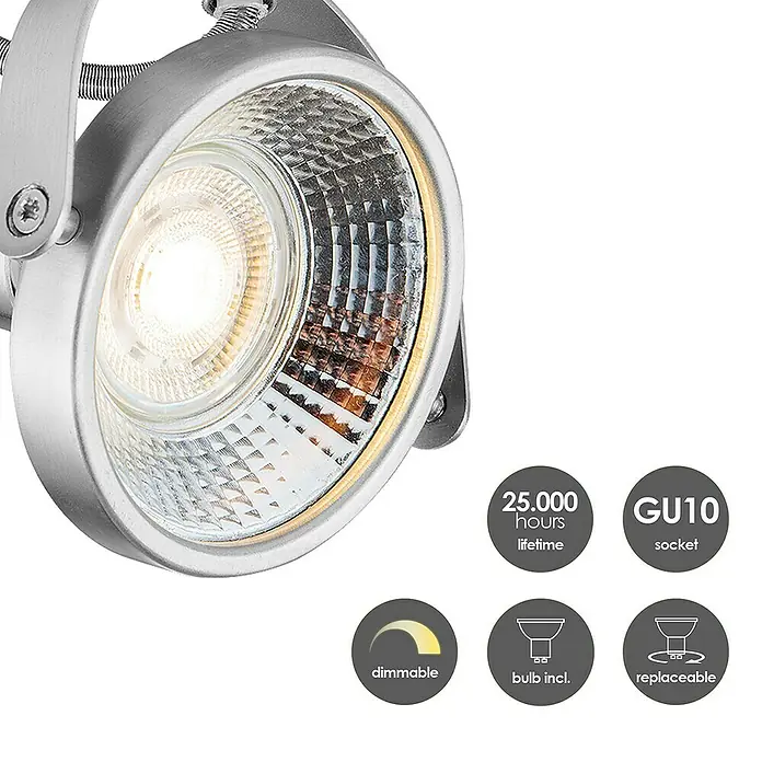 Home Sweet Home LED-Deckenstrahler Yaya - 5,8 W, L x B x H: 23 x 23 x 15,5 cm, Silber, Warmweiß, 4 Stk. - Nahaufnahme einer silbernen LED-Lampe mit austauschbarer GU10-Fassung, dimmbar und mit einer Lebensdauer von 25.000 Stunden.