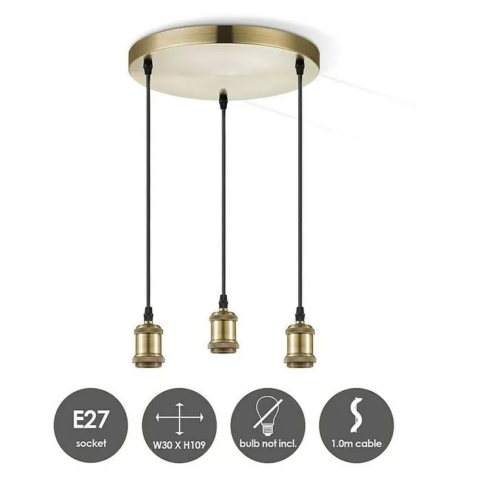 Home Sweet Home Pendelleuchte rund - Ø x H: 30 mm x 109 cm, Gold, E27 - Pendelleuchte mit drei Fassungen im Vintage-Look für E27-Leuchtmittel, Kabel 1m, ohne Leuchtmittel.