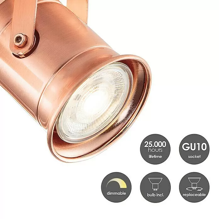 Home Sweet Home LED-Deckenstrahler Venn - 5,8 W, L x B x H: 11 x 32 x 16 cm, Kupfer, Warmweiß, 2 Stk. - Kupferfarbener Strahler mit leuchtendem Leuchtmittel, der seine Metalloberfläche und Beleuchtung zeigt.